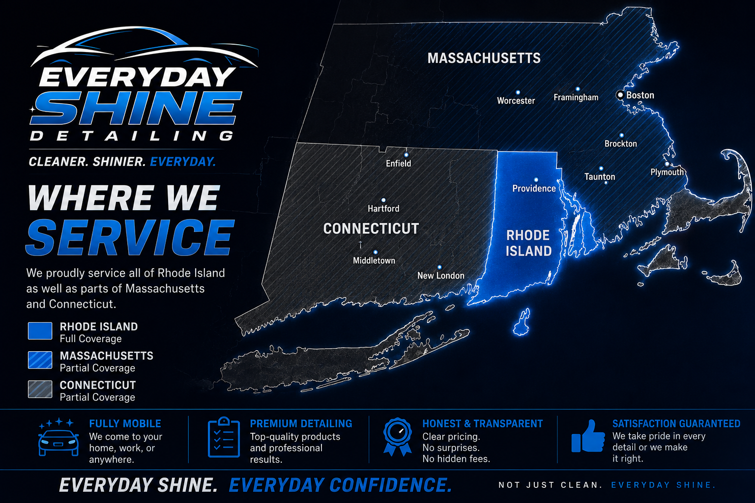 Everyday Shine Detailing service area map covering Rhode Island, parts of Massachusetts and Connecticut