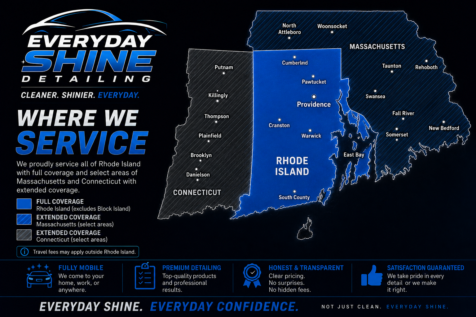 Everyday Shine Detailing service area map covering Rhode Island, parts of Massachusetts and Connecticut